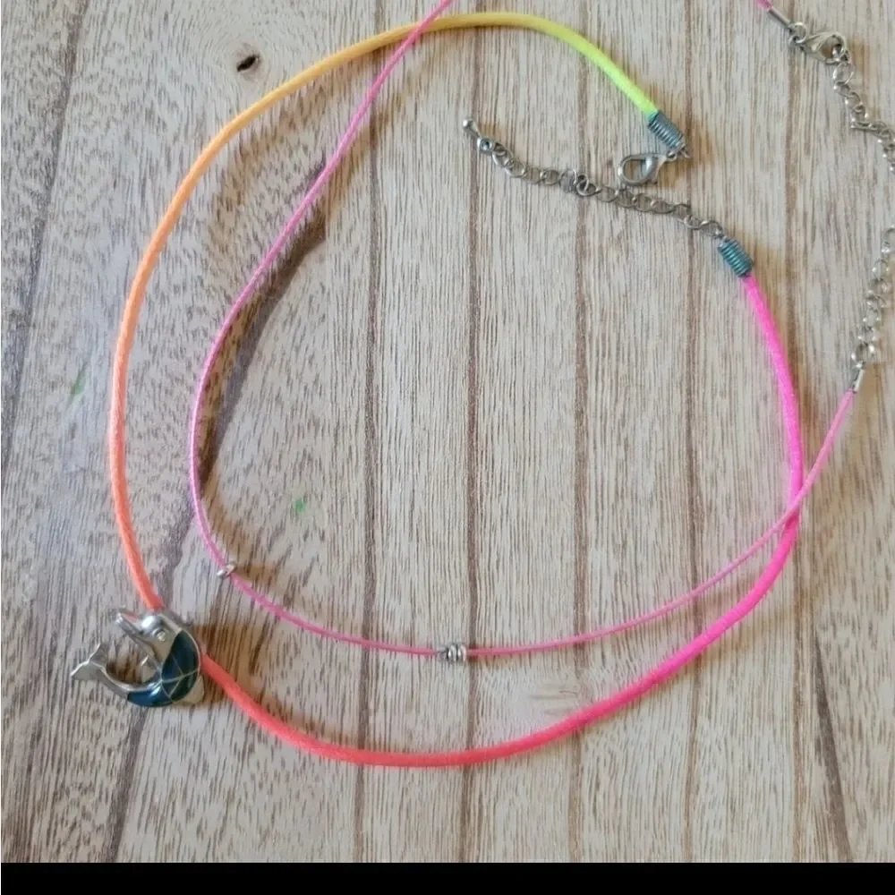 Girly fun neon dolphin pendant necklace tie dye